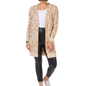 Animal Print Long Leopard Beige Open Front Collarless Knitted Duster Cardigan XL
